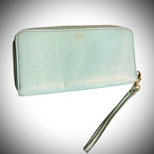 Fossil Teal Leather Wallet with Gold Details